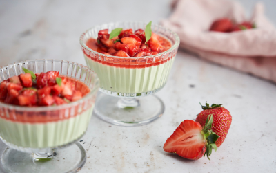 Matcha Panna Cotta with Strawberries