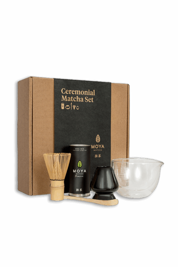 Moya Matcha Ceremonial Set Glass matcha bowl with a spout